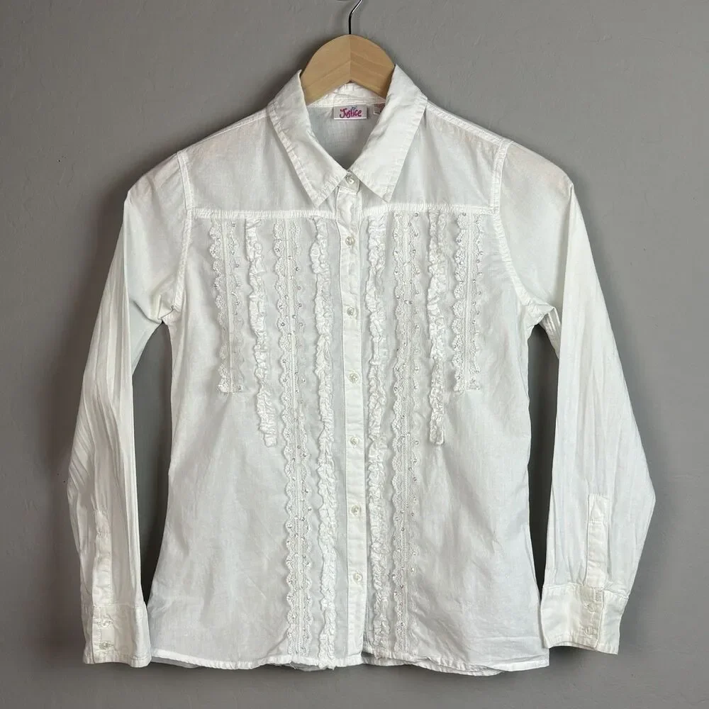 VTG Y2K Justice Button Up Shirt Girls 10 White Long Sleeve Lace Ruffle Coquette